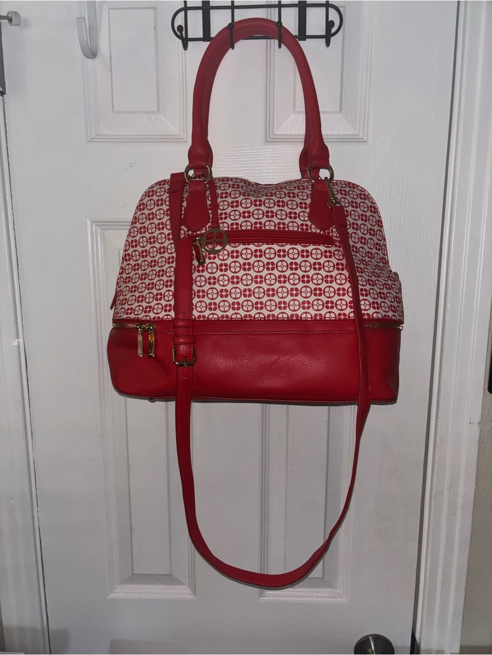 IMAN Red and White Patterned Shoulder Satchel - Picture 16 of 16